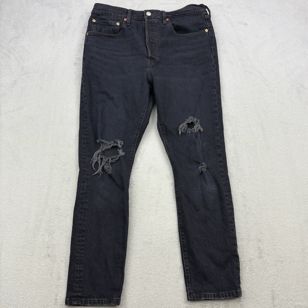 Levis Jeans Mens 30x28 Black Premium 501 S Button Fly Rips Holes Whiskered Big E